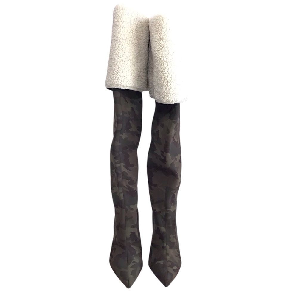 Good American Green Camo Neoprene High Kickstand Over The Knee Boots Size 9